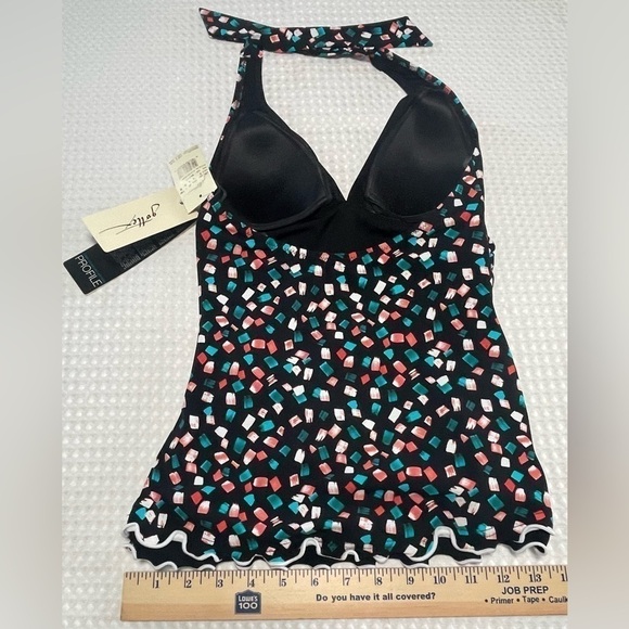 PROFILE BY GOTTEX Gin Fizz Swimsuit Halter Tankini Top 6 Black Multi Tie Neck - Picture 3 of 9